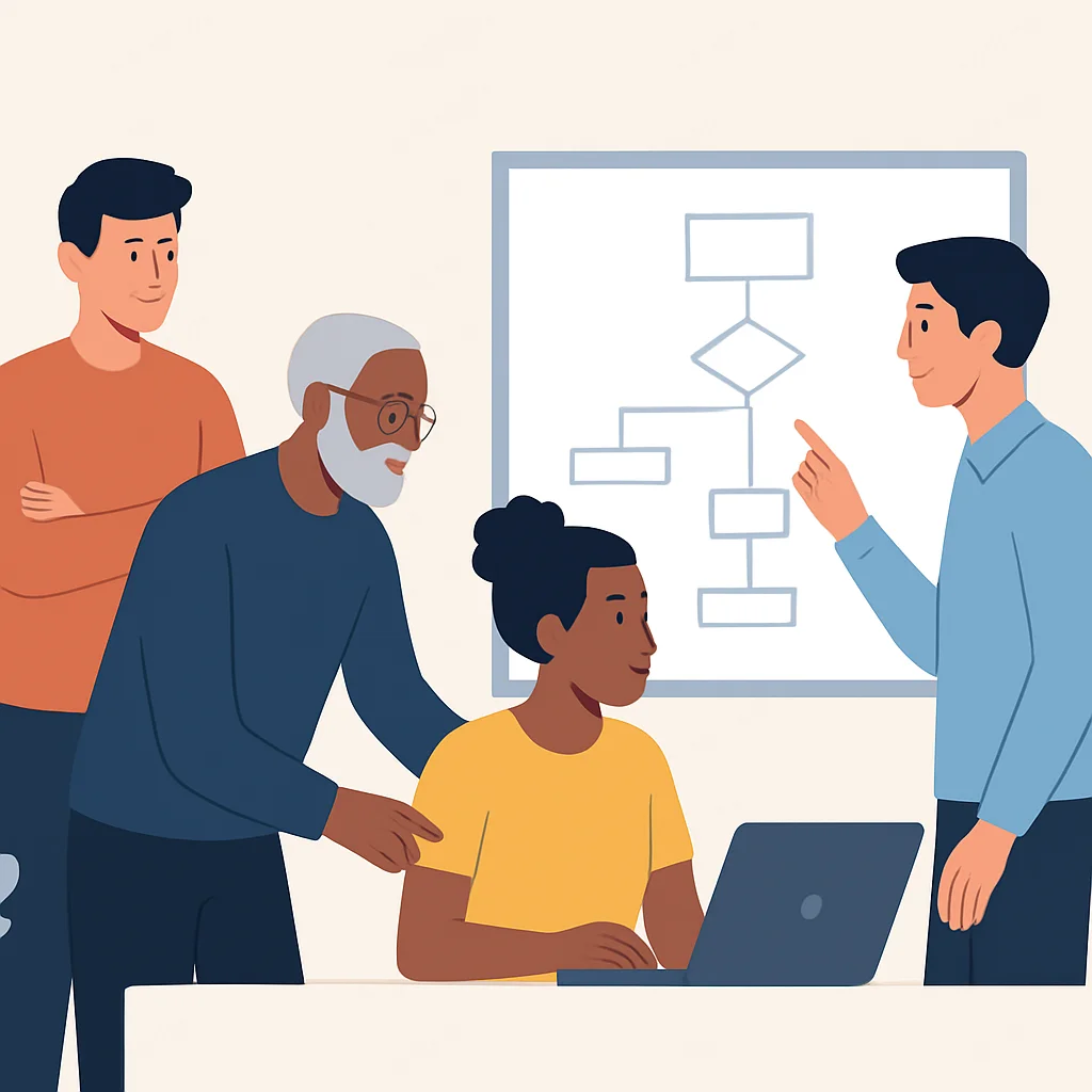 Developers collaborating and mentoring