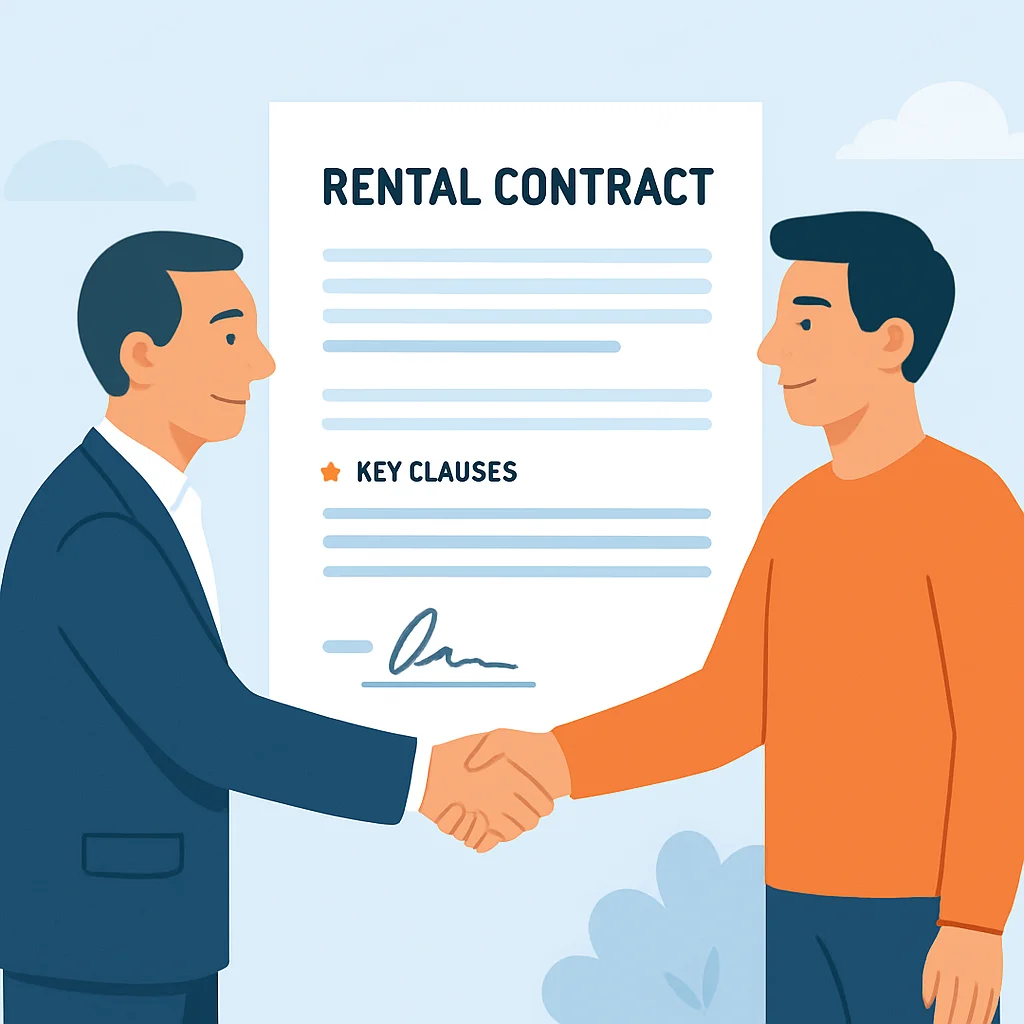 Landlord and tenant signing a detailed rental contract