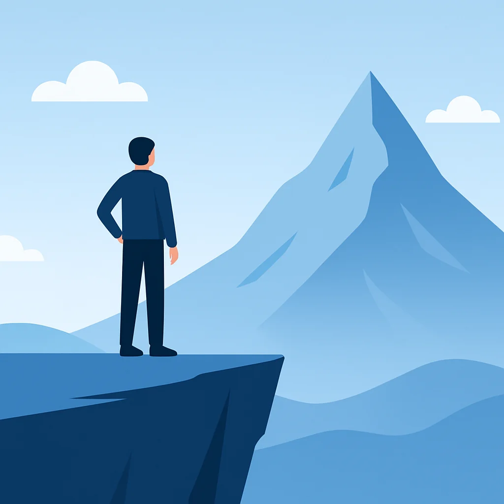 Person on a language learning plateau looking at the next challenge
