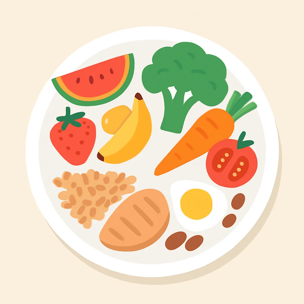 Balanced diet plate with colorful fruits, vegetables, and protein