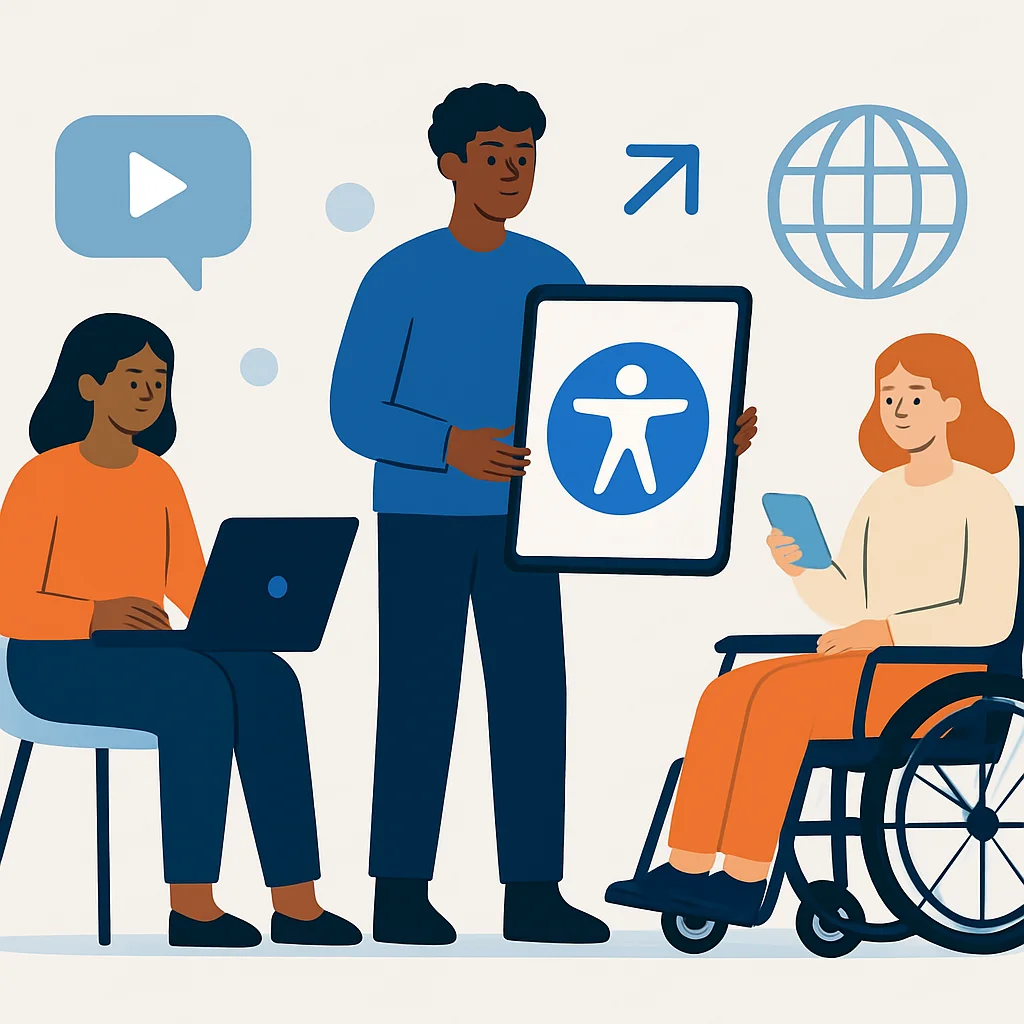Diverse users interacting with accessible digital interfaces