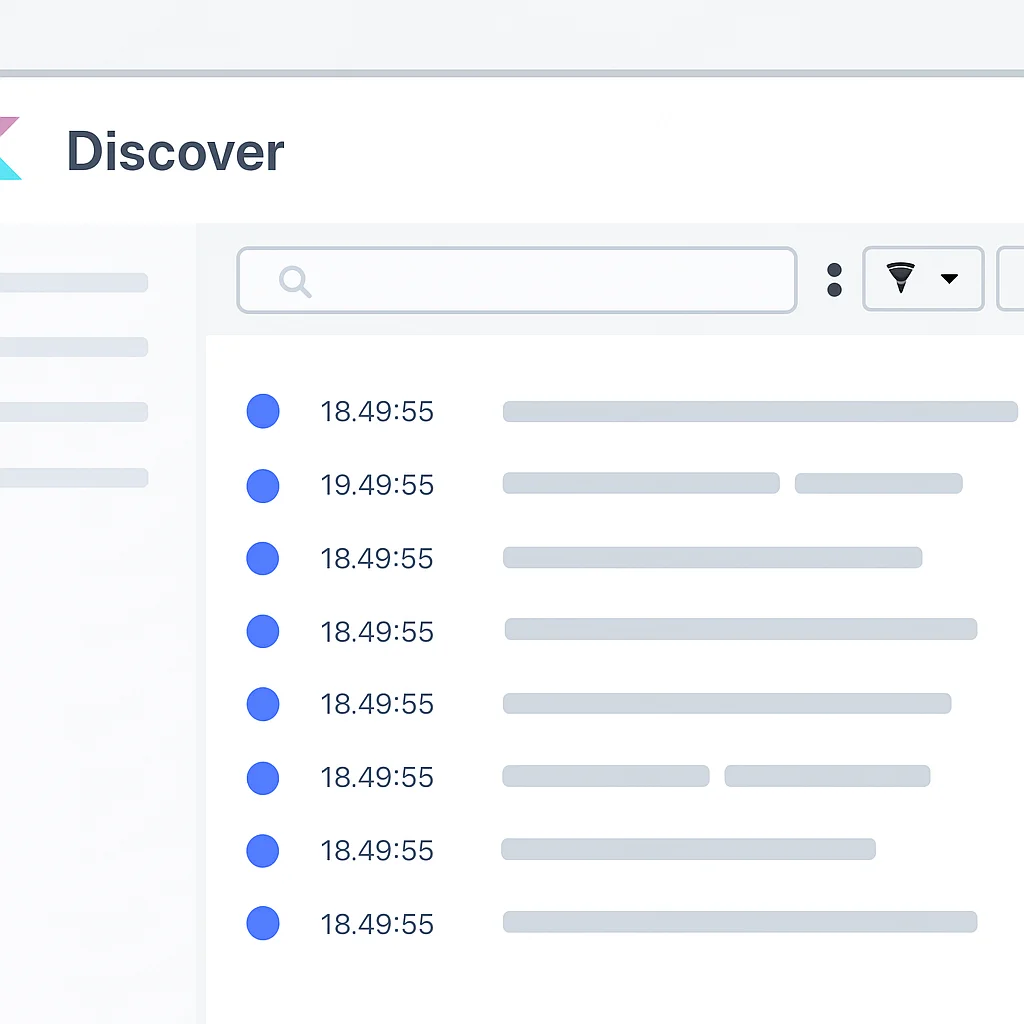 Kibana Discover view displaying filtered log entries and search functionality