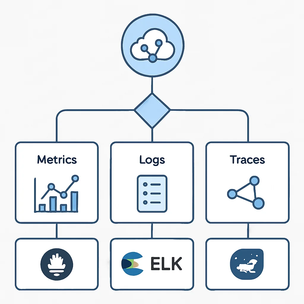 Decision flowchart for choosing monitoring tools based on data type (metrics, logs, traces)