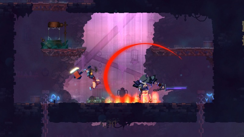 Dead Cells Kampf-Gameplay in einem Dungeon mit vielen Gegnern.