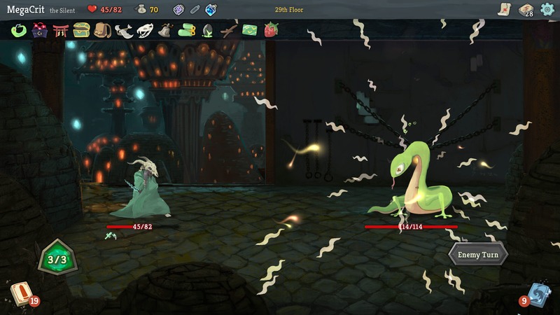 Slay the Spire Gameplay mit Karten auf der Hand und Gegnern.