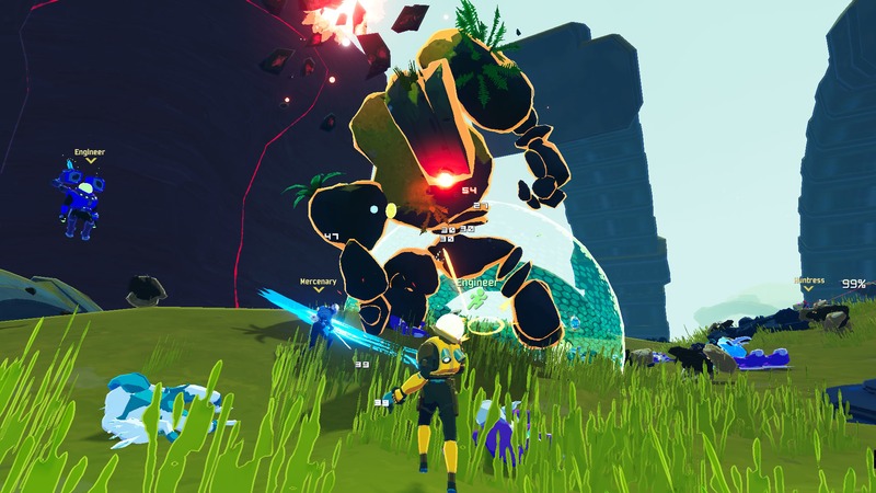 Risk of Rain 2 Koop-Gameplay mit mehreren Charakteren und Monstern.