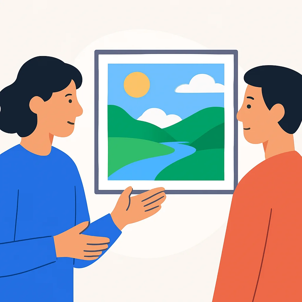 Language learner describing a landscape photo to a partner