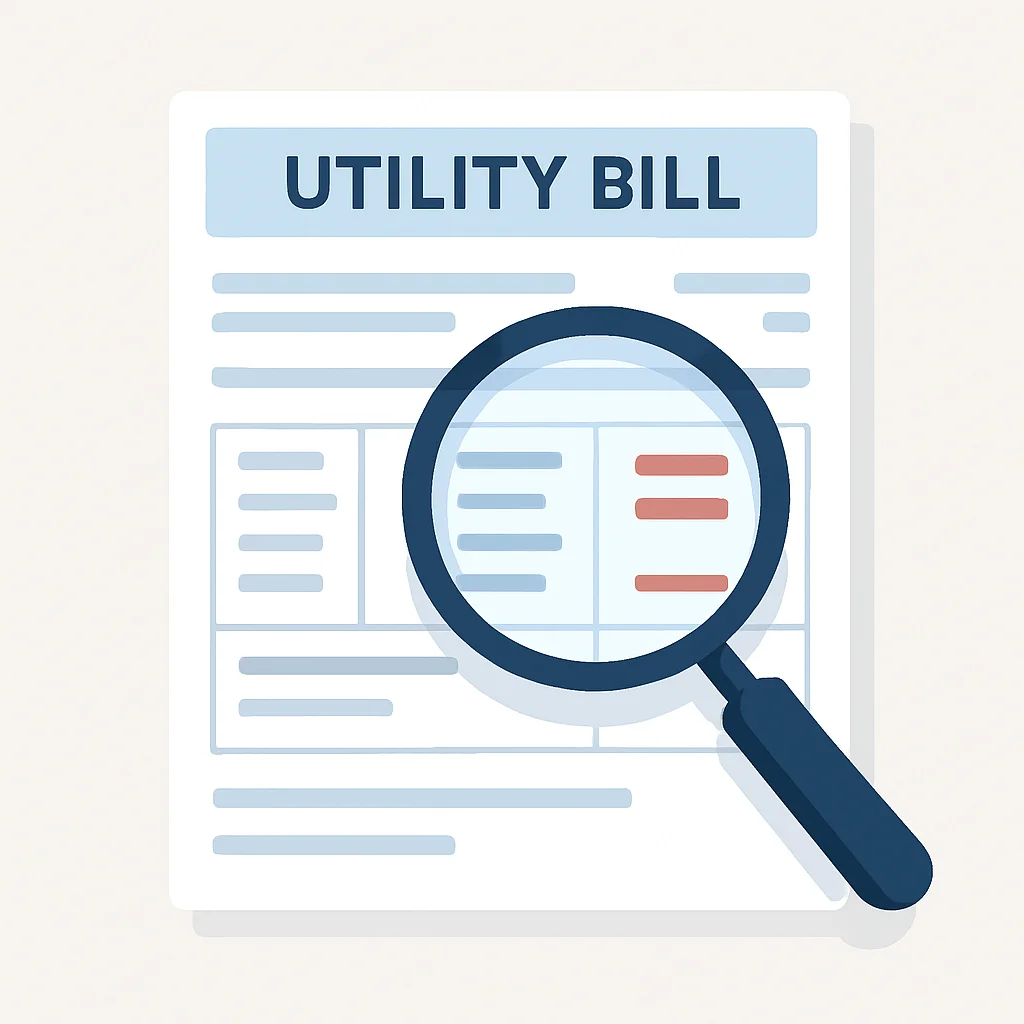 Magnifying glass examining a complex utility bill for errors