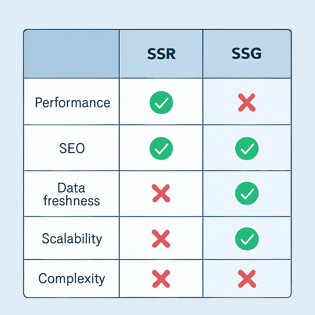 SSR vs SSG comparison table 2026
