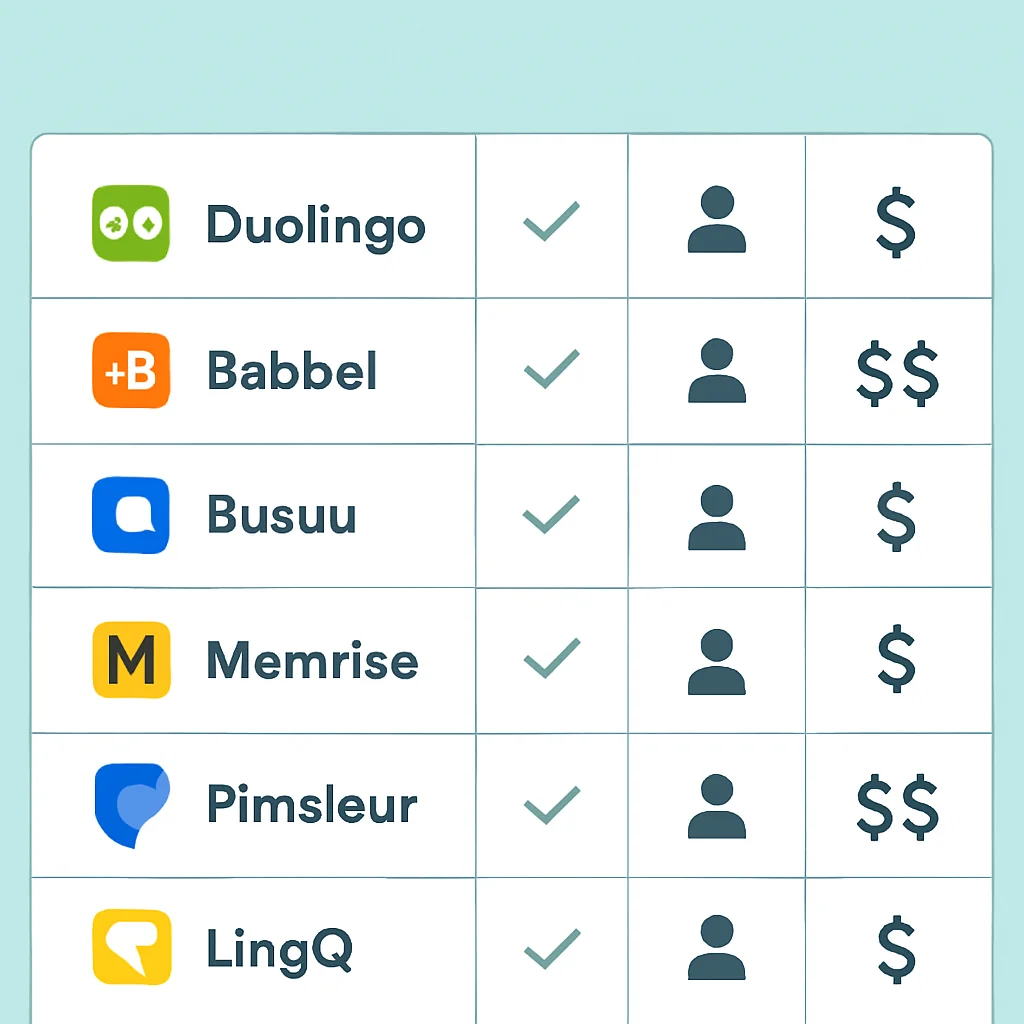 Feature comparison table of top language learning apps
