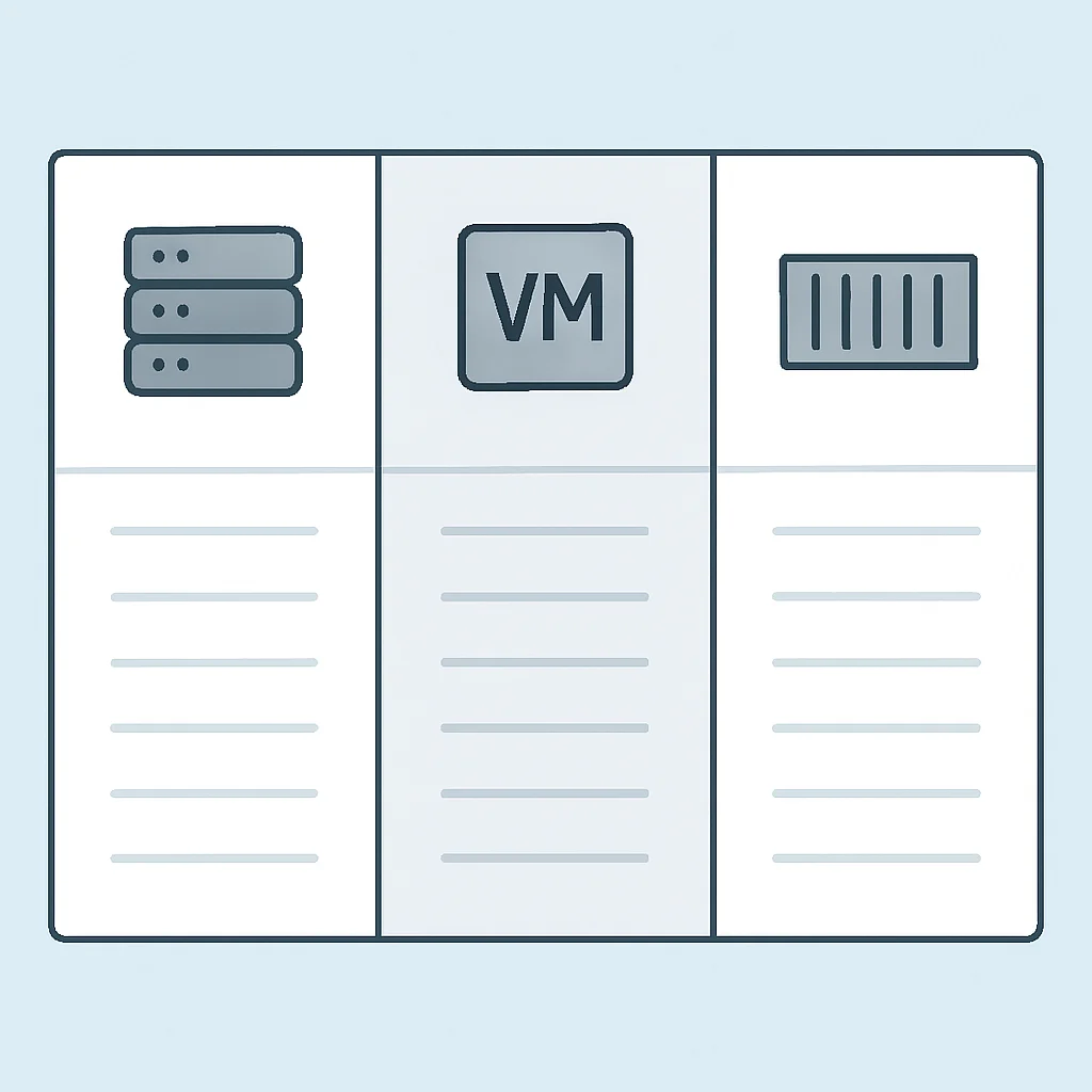 Vergleichstabelle traditionelle Bereitstellung vs. VM vs. Container