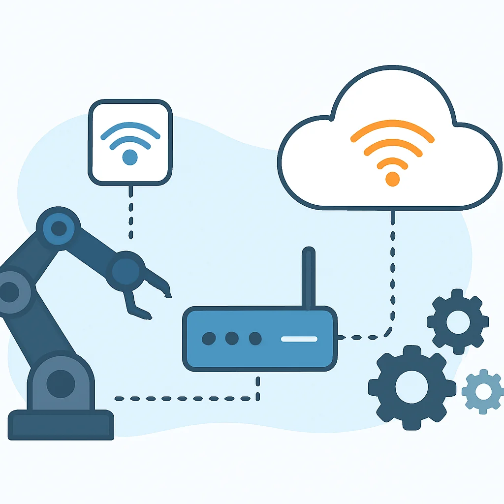 Industrielles IoT-Setup mit Sensoren, Edge Gateway und Cloud-Integration
