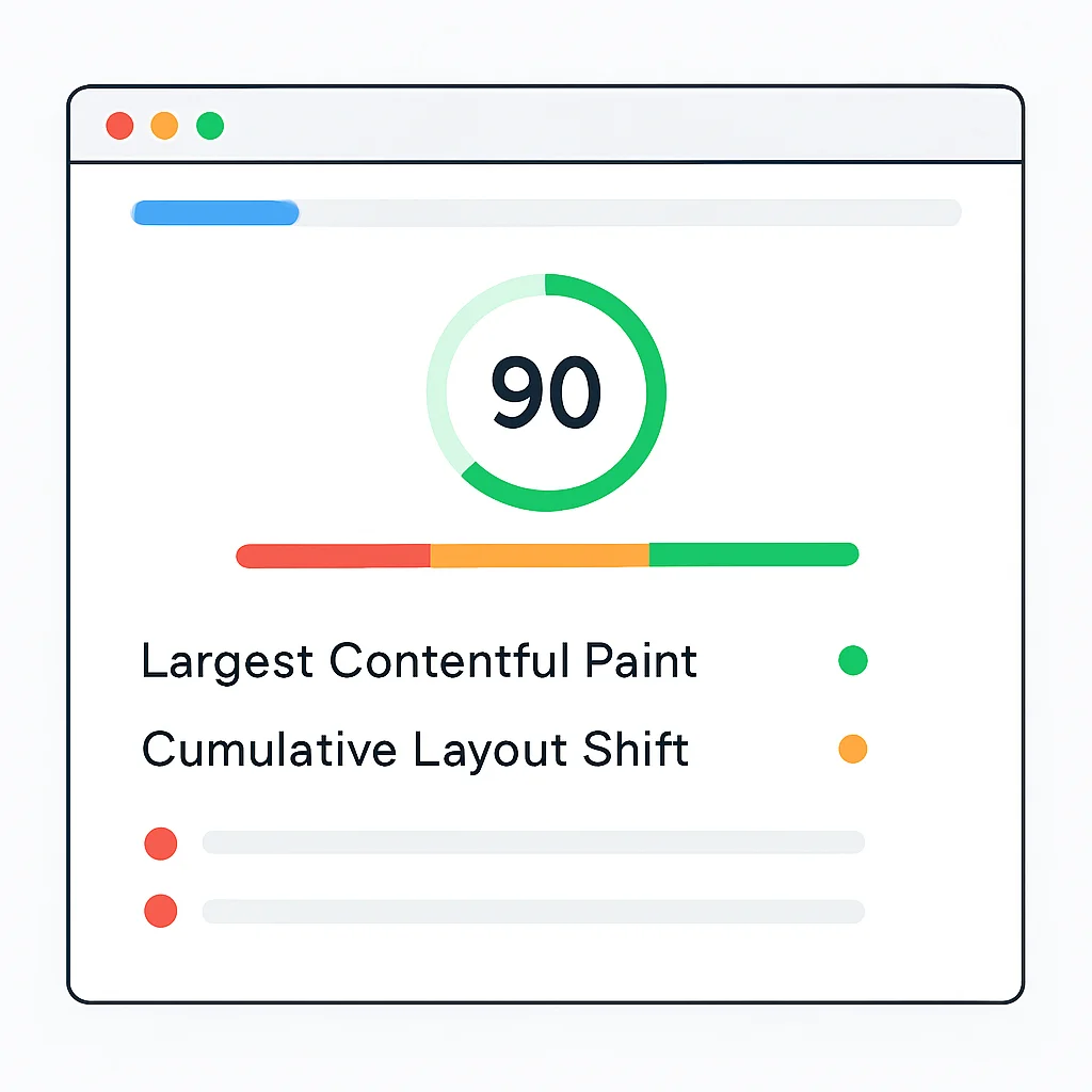 Screenshot des Google PageSpeed Insights Berichts mit CWV-Ergebnissen und Empfehlungen