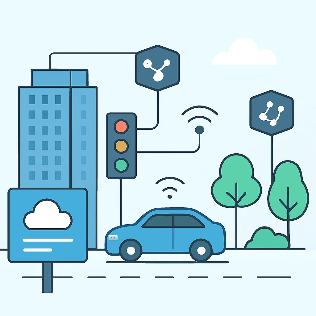 Smart City Infrastruktur mit Edge Computing Knoten für Verkehrs- und Umweltüberwachung