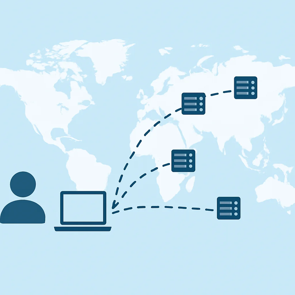 Weltkarte mit CDN-Edge-Servern und Datenfluss