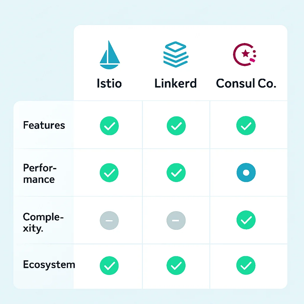 Service Mesh comparison matrix Istio Linkerd Consul Connect