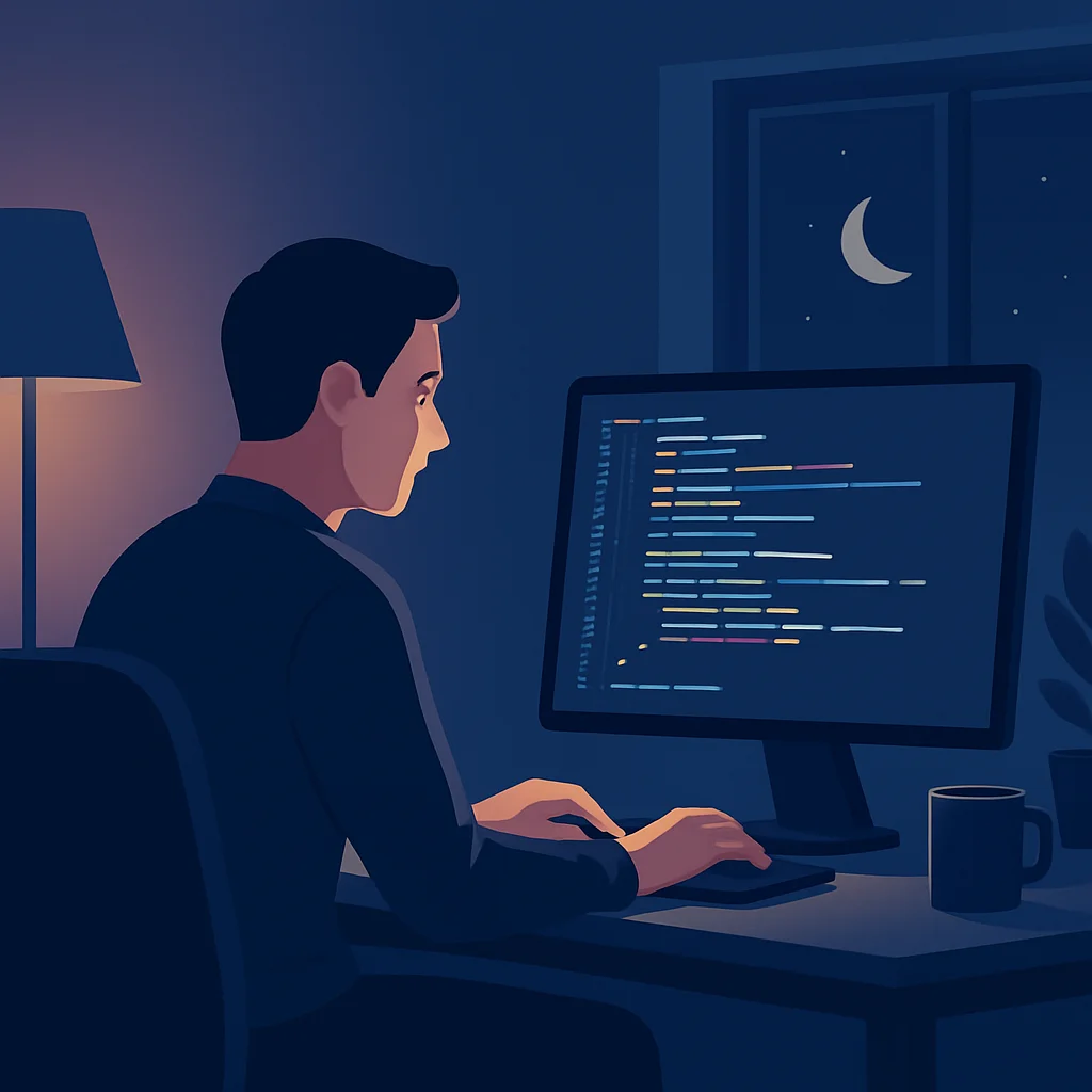 Late night coding with proper ambient lighting and dark theme
