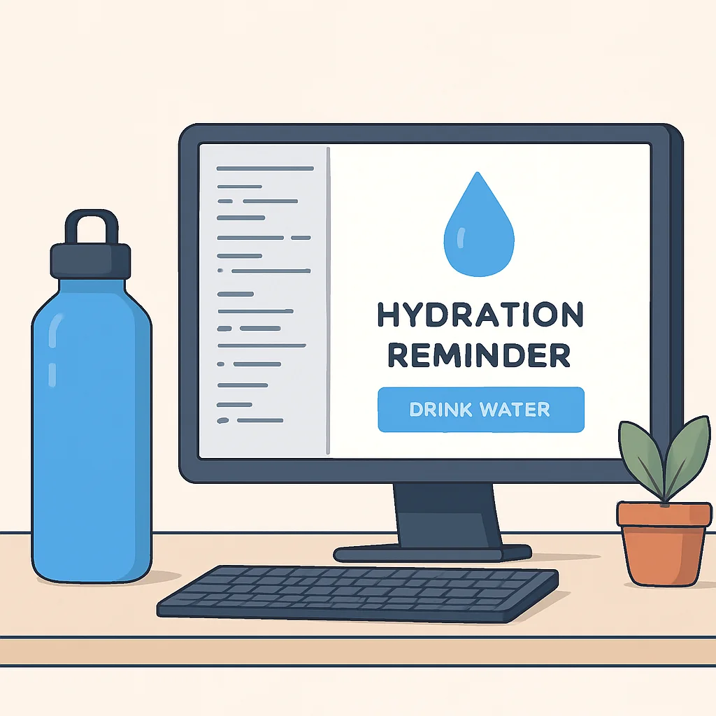 Developer's desk with water bottle and hydration reminders