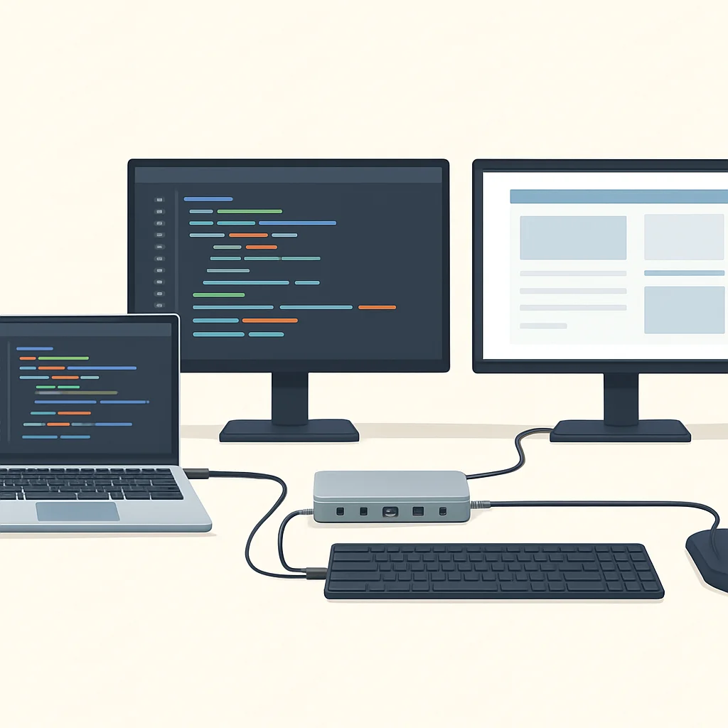 Developer desk setup with USB-C dock and multiple screens