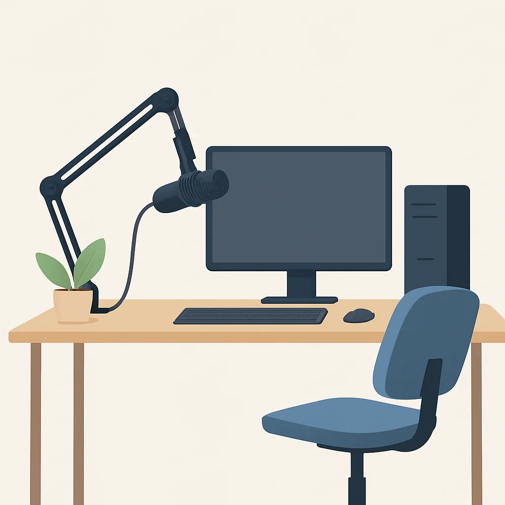 Developer desk setup with boom arm microphone