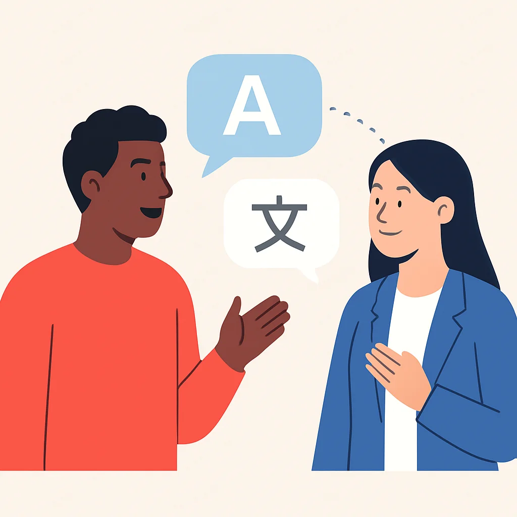 Person speaking with a native speaker, overcoming language barrier