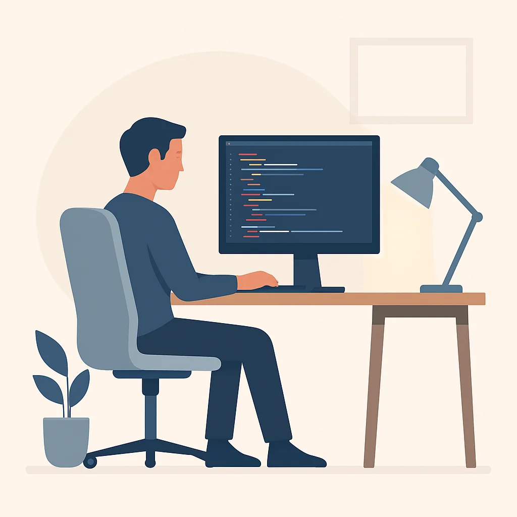 Ergonomic developer desk setup with ideal monitor position and lighting