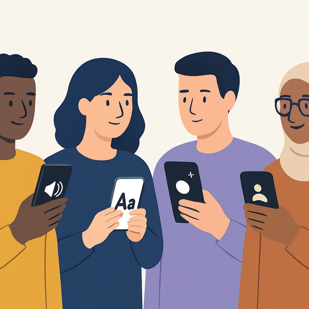 Diverse users interacting with accessible mobile apps