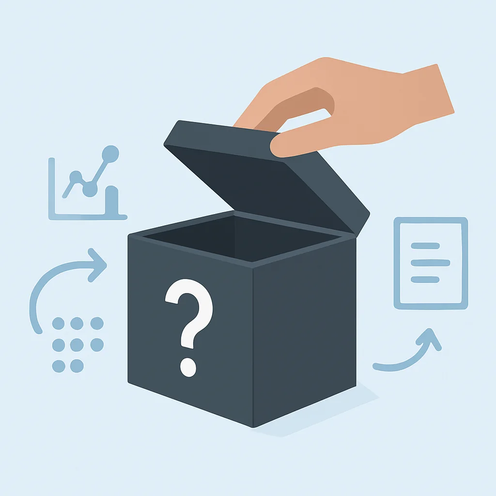 Explainable AI (XAI) concept illustration with a black box model revealing explanations