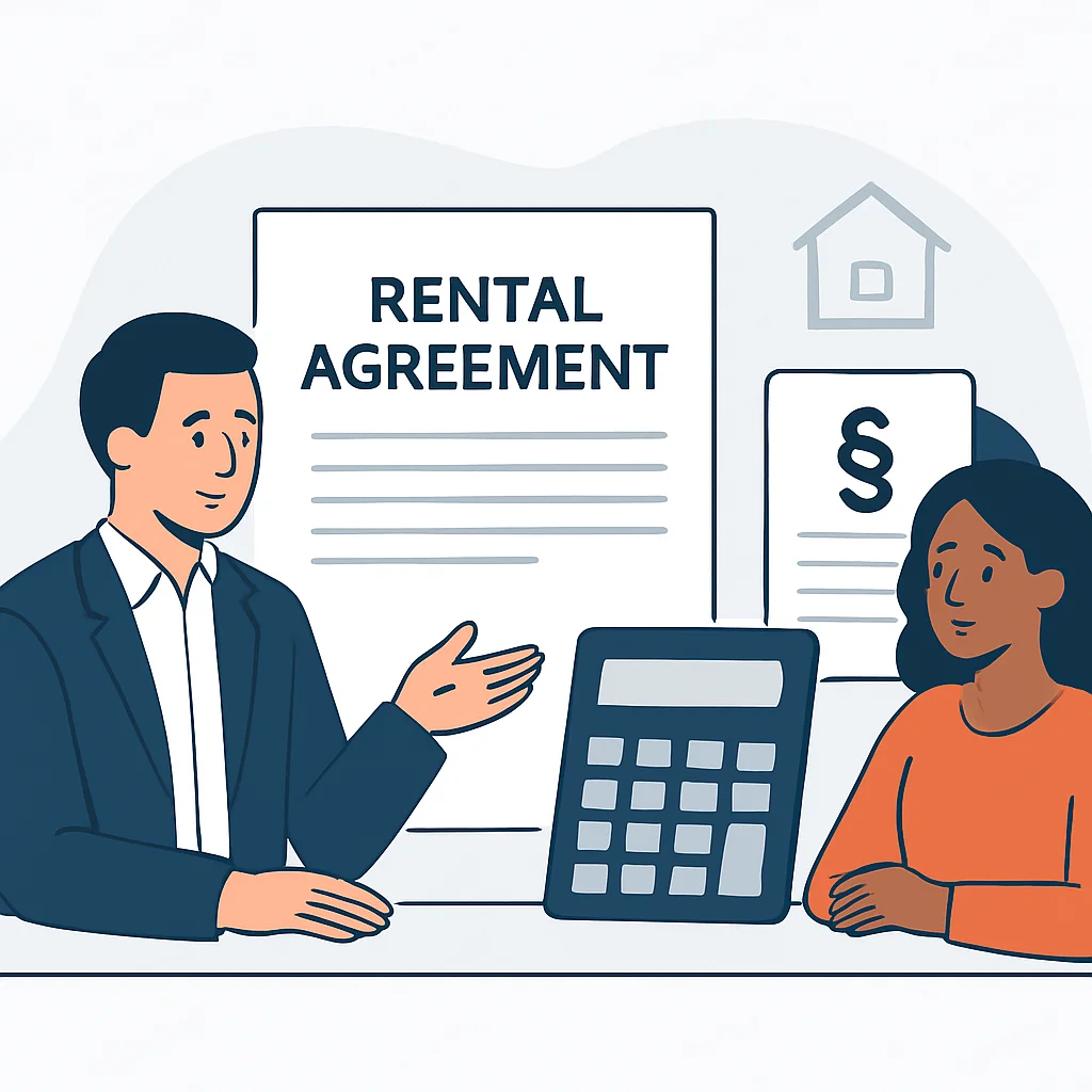 Landlord and tenant discussing rental agreement, legal documents, calculator