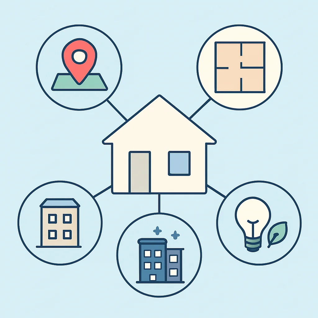 Infographic: Factors influencing rent (location, size, age, amenities, energy efficiency)