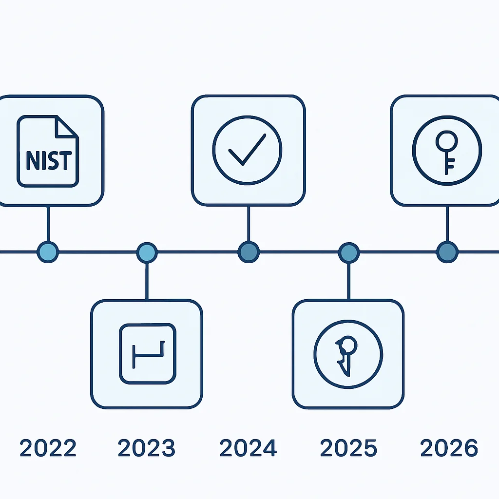 NIST PQC standardization timeline leading to 2026