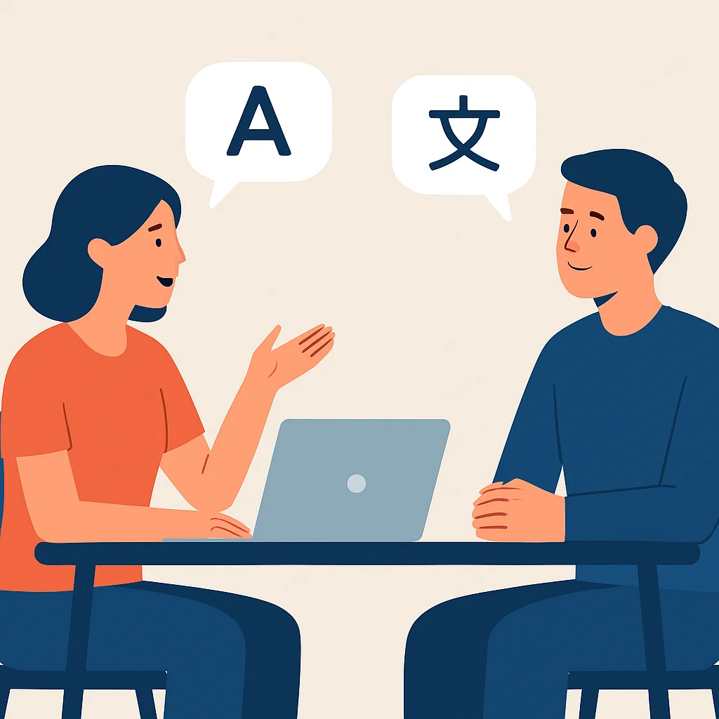 Language exchange partners actively conversing with laptop