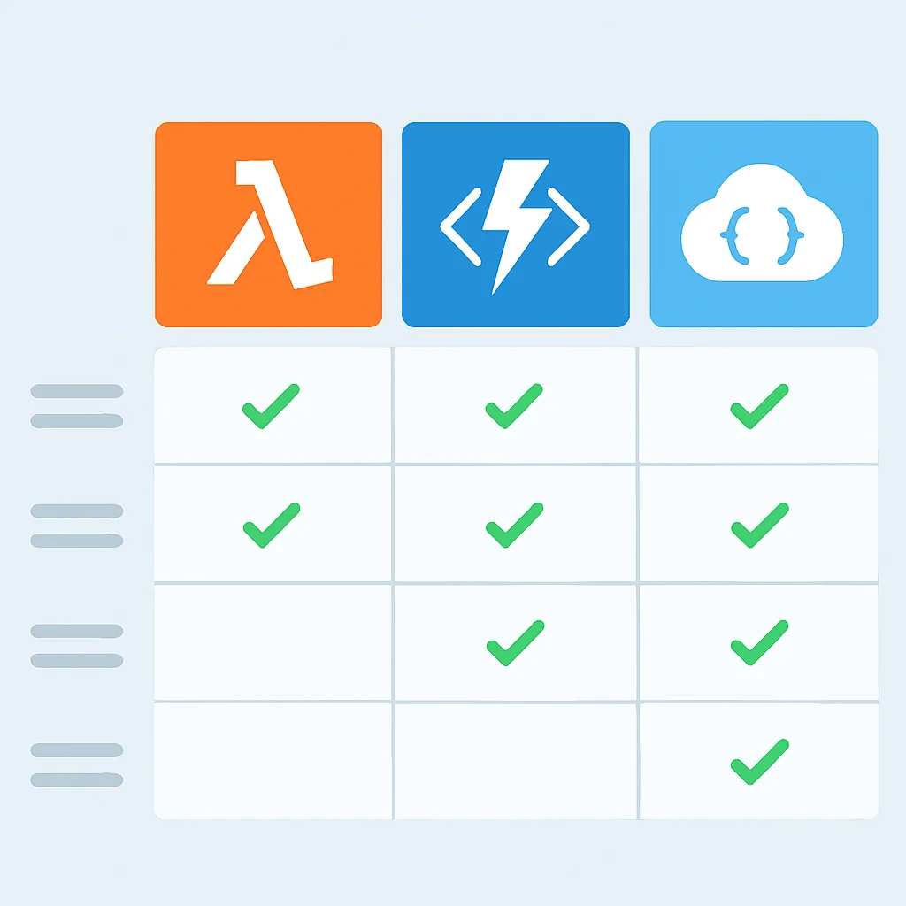 Vergleichstabelle AWS Lambda, Azure Functions, Google Cloud Functions