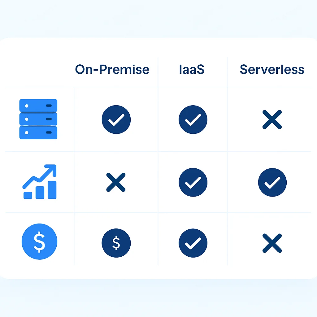 Vergleichstabelle: On-Premise, IaaS, PaaS, Serverless