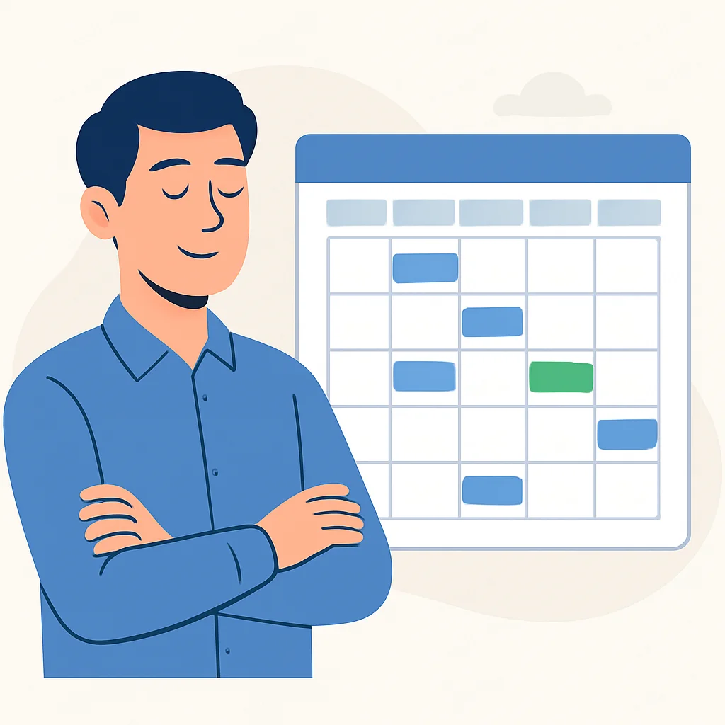 Person blickt zuversichtlich auf einen organisierten Zeitplan, symbolisiert Erfolg und innere Ruhe