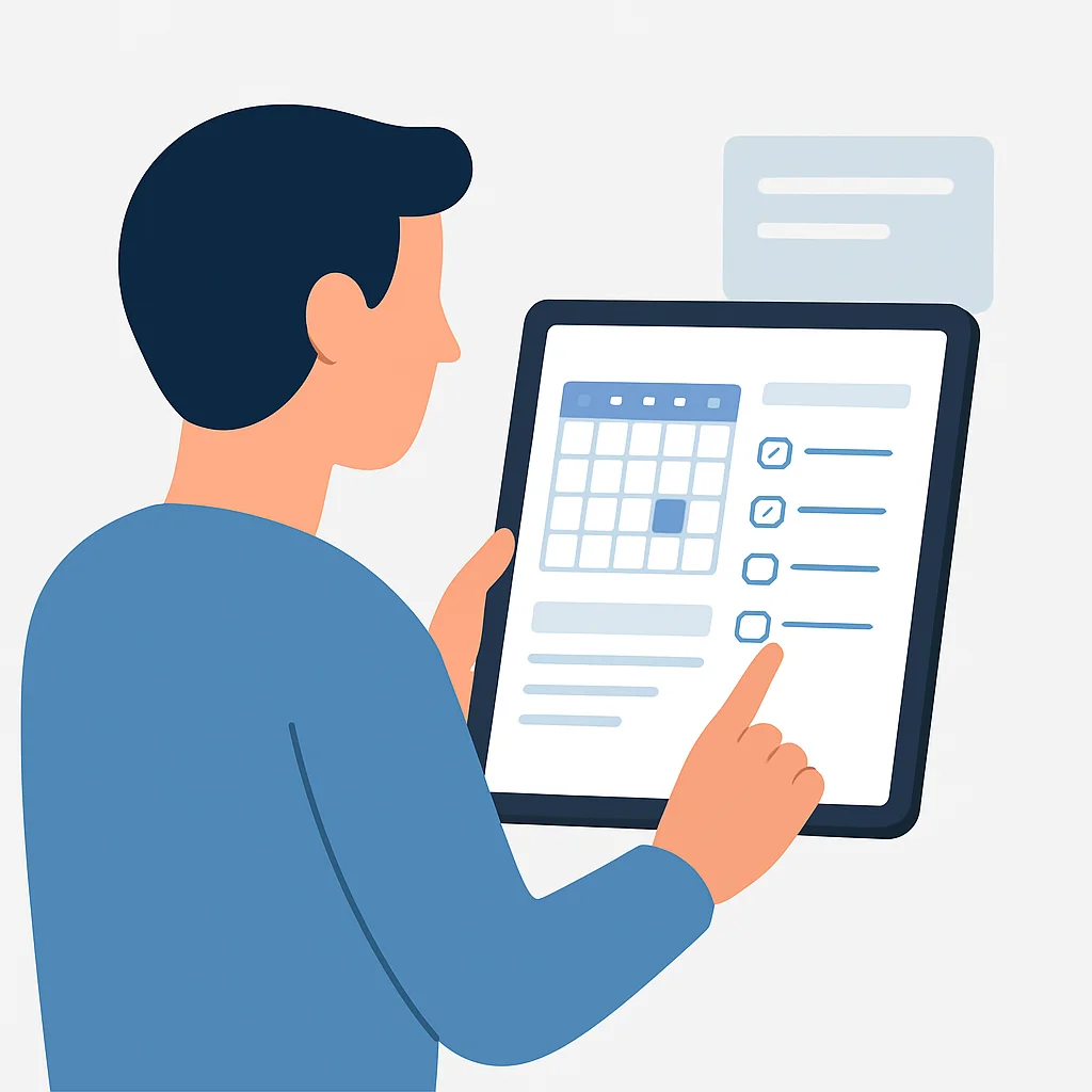 Person nutzt digitalen Kalender und Aufgabenliste, organisiertes Alltagsleben darstellend
